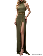 Platlogy Olive Green Handmade Beaded Halter Crop Top Split Long Skirt Two Piece Formal Party Set