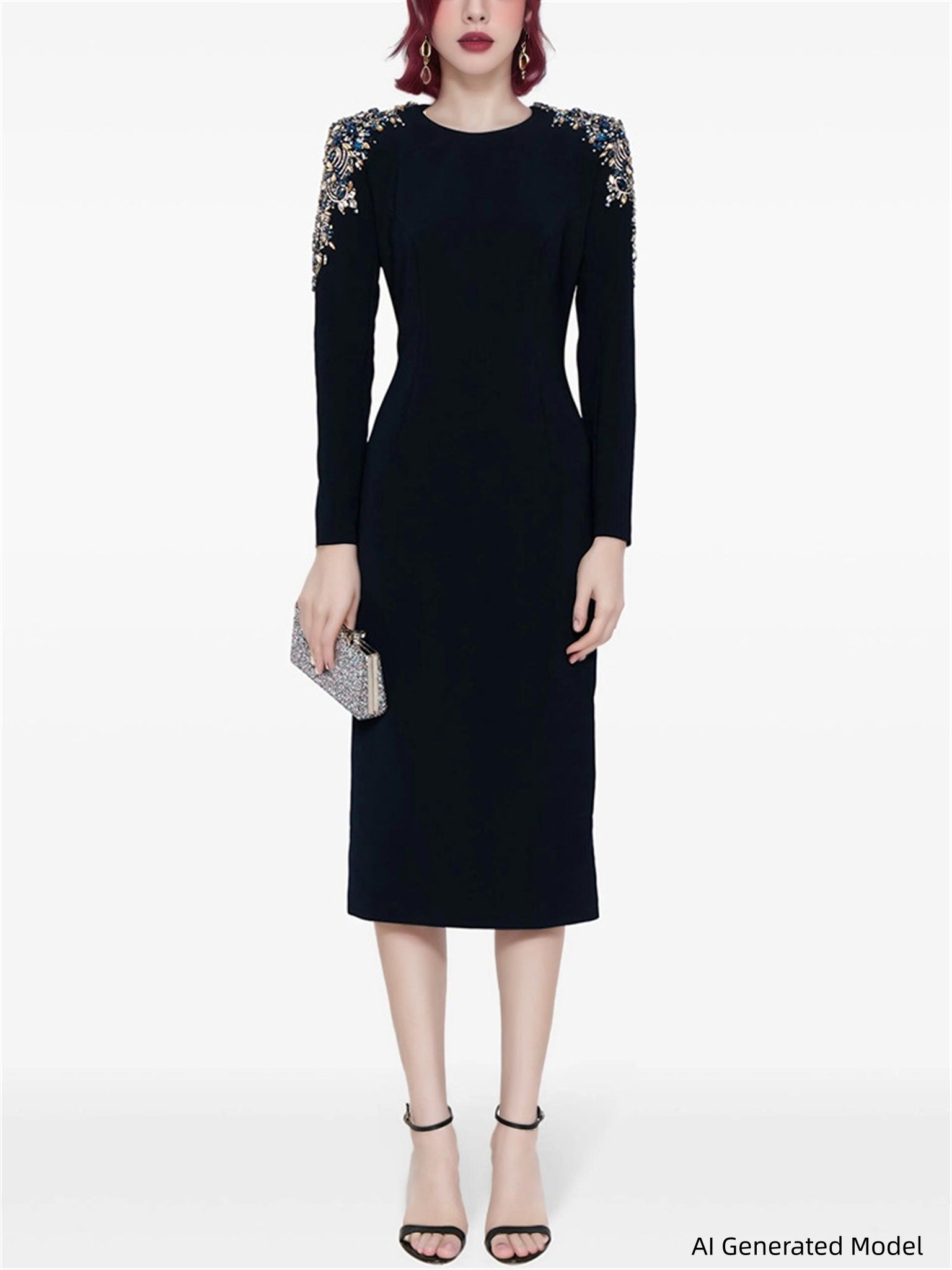 Platlogy Elegant Sheath Midi Dress with Crystal Embellishments for Banquets Secondary image