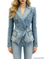 Platlogy Vintage Washed Denim Blazer Women Double Breasted Gold Button Slim Fit Lapel Jean Jacket Casual Business Outerwear