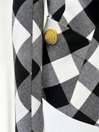 Platlogy Women Stylish Diamond Plaid Gold Button Tailored Blazer Elegant Office Casual Outerwear