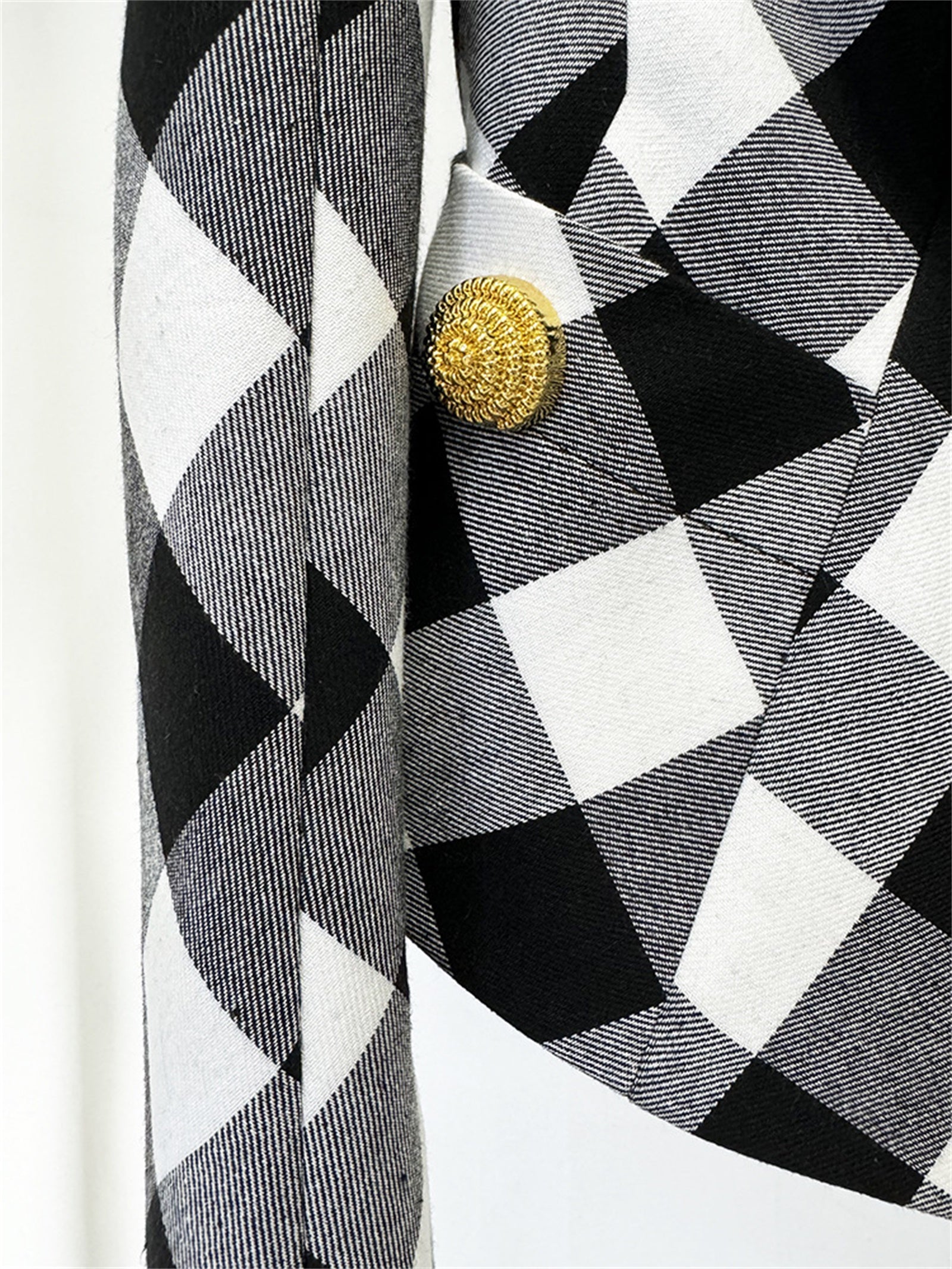 Platlogy Women Stylish Diamond Plaid Gold Button Tailored Blazer Elegant Office Casual Outerwear