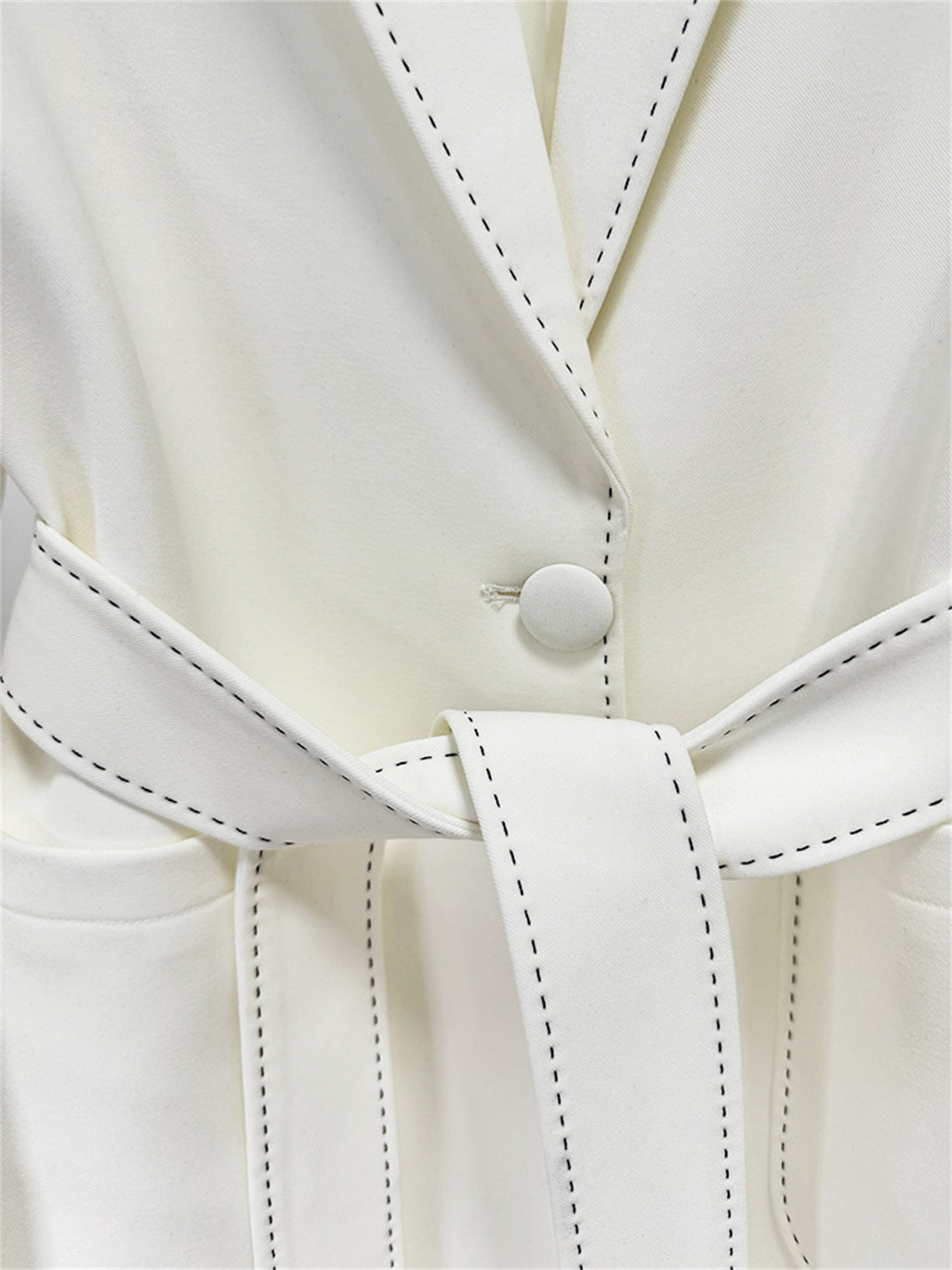 Platlogy Elegant White Belted Blazer Pants Set Stitched Detail Formal Business Two Piece Outfit For Women