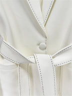 Platlogy Elegant White Belted Blazer Pants Set Stitched Detail Formal Business Two Piece Outfit For Women