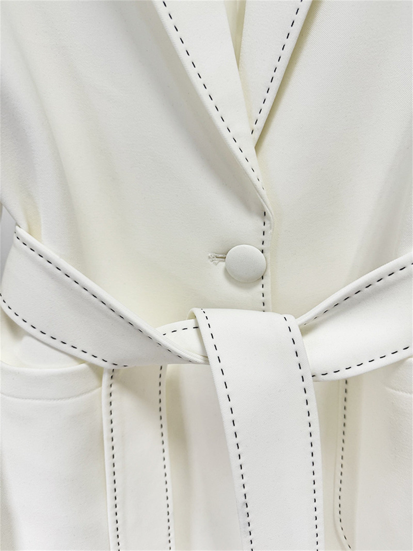 Platlogy Elegant White Belted Blazer Pants Set Stitched Detail Formal Business Two Piece Outfit For Women