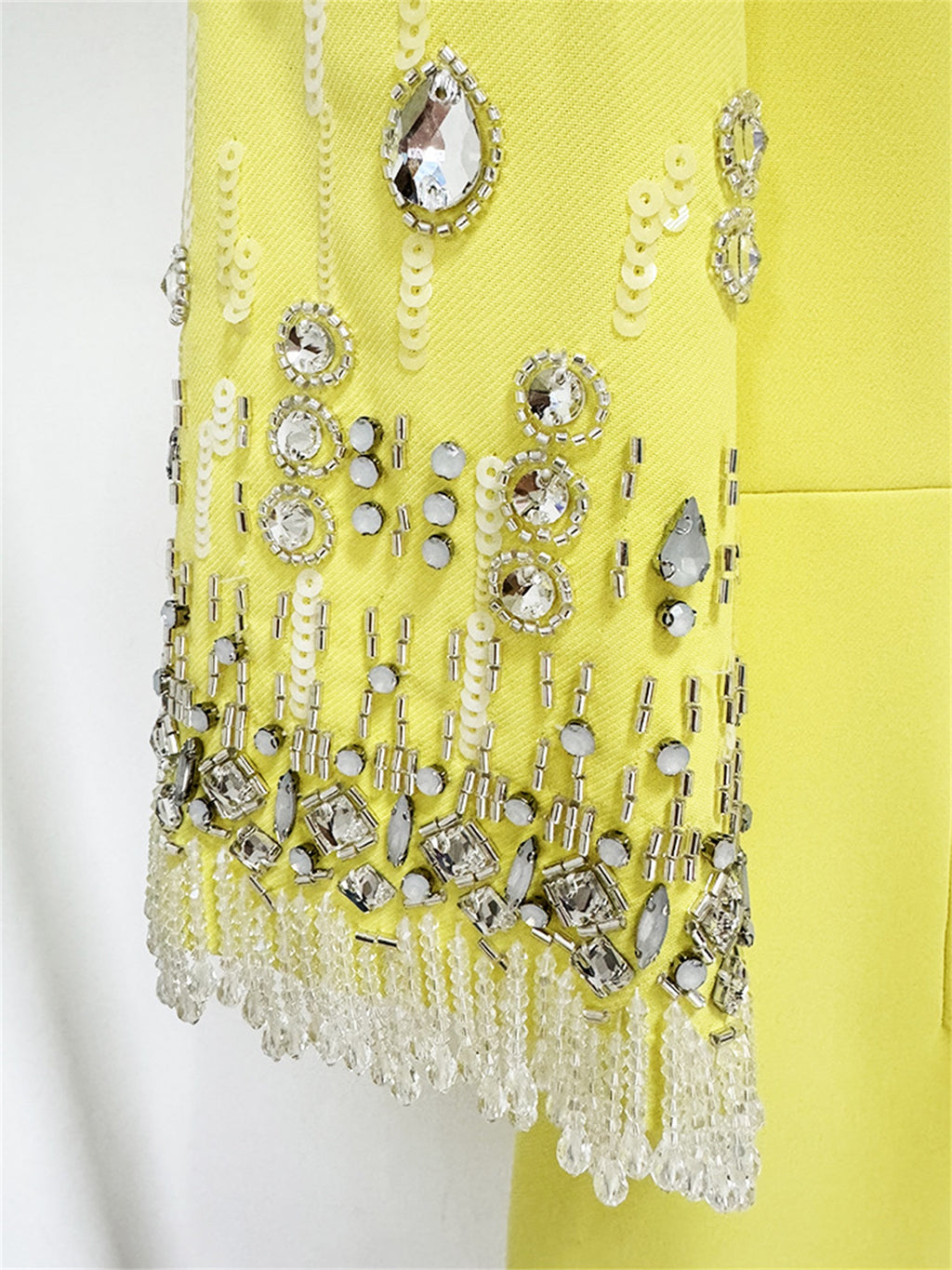 Platlogy Bright Yellow Beaded Tassel Mid Sleeve Midi Dress Elegant Formal Party Cocktail Wedding Guest Dress