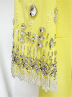 Platlogy Bright Yellow Beaded Tassel Mid Sleeve Midi Dress Elegant Formal Party Cocktail Wedding Guest Dress