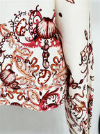 Platlogy Vintage Marine Print Three Piece Women Suit Cropped Blazer Cami Top Wide Leg Pants Elegant Casual Outfit Set