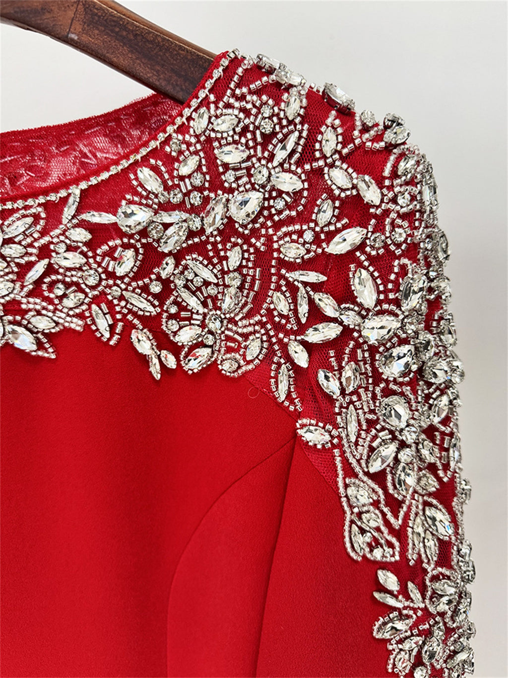 Platlogy Luxury Red Long Sleeve Midi Evening Dress Rhinestone Embellished Formal Party Wedding Guest Dress