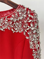 Platlogy Luxury Red Long Sleeve Midi Evening Dress Rhinestone Embellished Formal Party Wedding Guest Dress