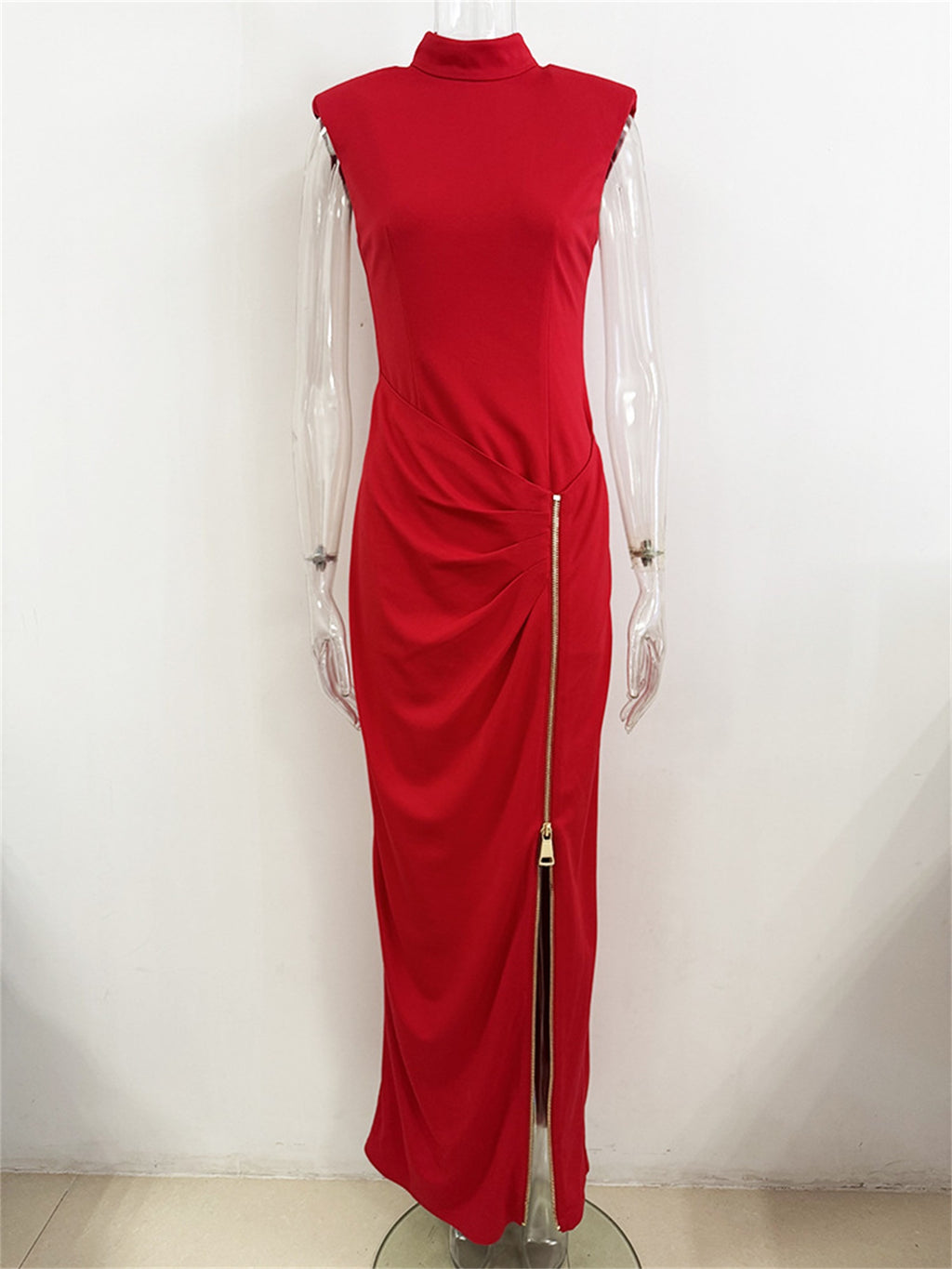 Platlogy Red Sleeveless Mock Neck Maxi Dress With Side Zipper Ruched Bodycon Party Long Dress