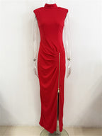 Platlogy Red Sleeveless Mock Neck Maxi Dress With Side Zipper Ruched Bodycon Party Long Dress