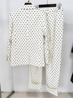 Platlogy Women White Polka Dot Suit Set With Red Bow Blazer And Straight Trousers 2 Piece Outfit For Work Party Daily Wear