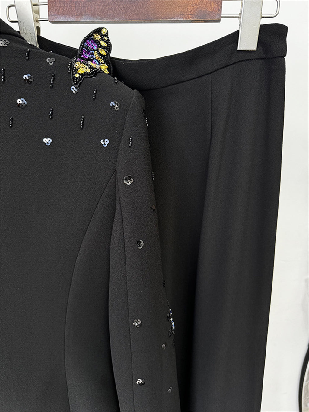 Platlogy Elegant Butterfly Sequin Rhinestone Blazer Wide Leg Pants 2 Piece Women Suit Formal Business Party Outfit