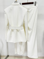 Women Elegant Two Piece Suit Set with Notched Lapel and Waist Tie