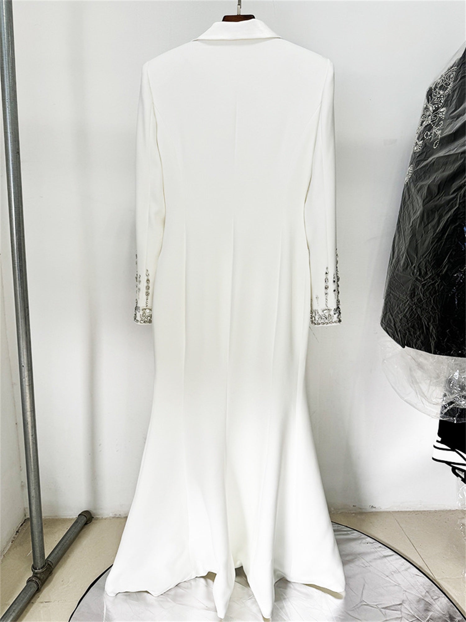 Embellished Cuff Maxi Blazer Dress Button Front Evening Party Dress