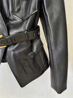 Platlogy Women Slim Fit Belted Leather Blazer Jacket Elegant V Neck Pocket Design Moto Coat for Daily Office Wear