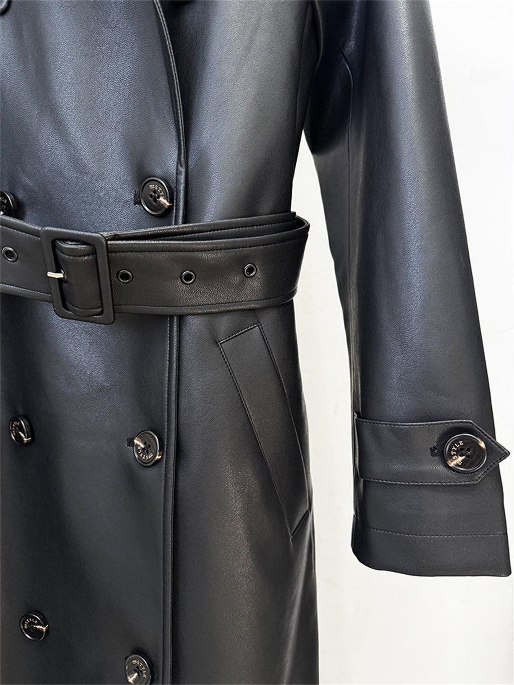Platlogy Emerald Green Double Breasted Belted Long Leather Trench Coat For Women Elegant Fall Winter Outerwear