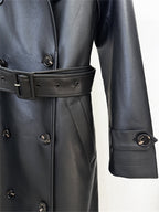Platlogy Emerald Green Double Breasted Belted Long Leather Trench Coat For Women Elegant Fall Winter Outerwear
