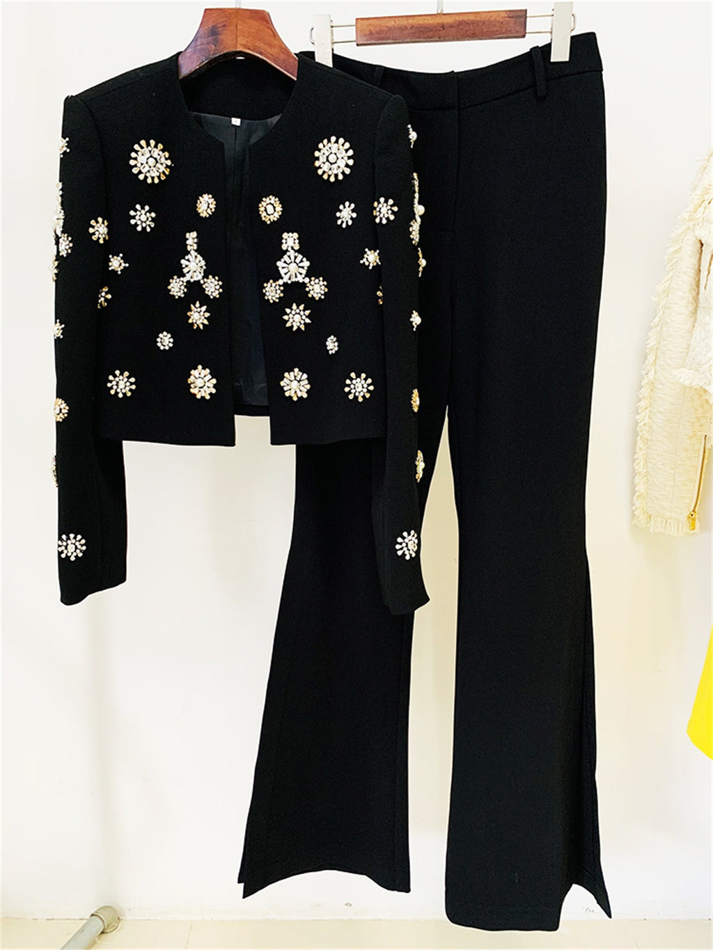 Womens Rhinestone Embellished Cropped Blazer And Flared Pants Two Piece Set