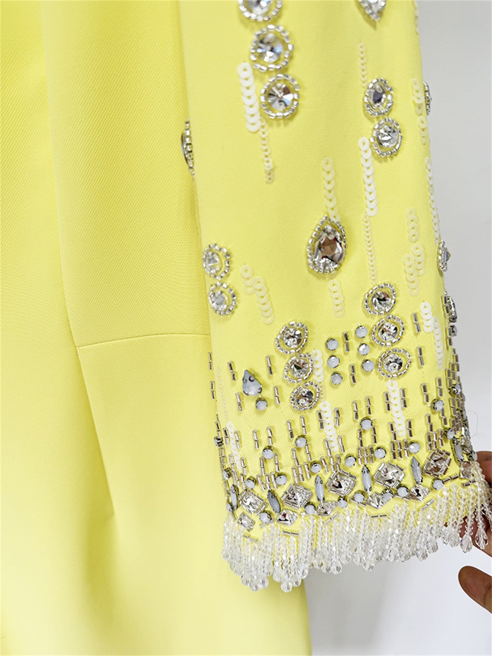Platlogy Bright Yellow Beaded Tassel Mid Sleeve Midi Dress Elegant Formal Party Cocktail Wedding Guest Dress