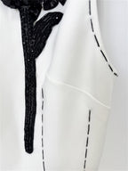 Platlogy White Sleeveless Mini Dress With Black Floral Applique Elegant Work Party Sheath Dress
