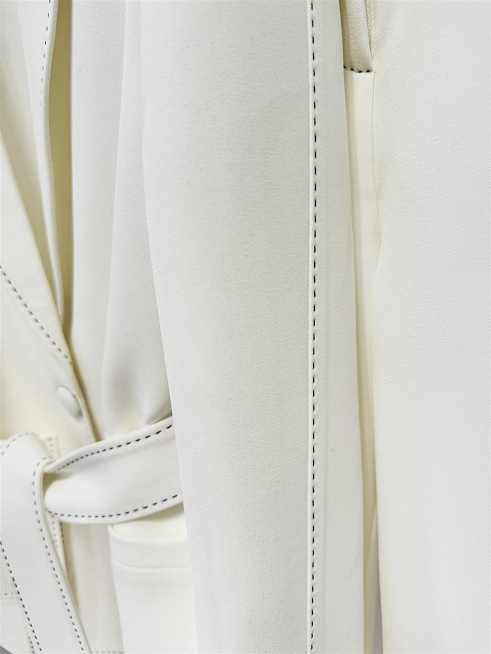 Platlogy Elegant White Belted Blazer Pants Set Stitched Detail Formal Business Two Piece Outfit For Women