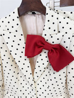 Platlogy Women White Polka Dot Suit Set With Red Bow Blazer And Straight Trousers 2 Piece Outfit For Work Party Daily Wear