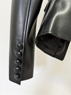 Platlogy Women Slim Fit Belted Leather Blazer Jacket Elegant V Neck Pocket Design Moto Coat for Daily Office Wear