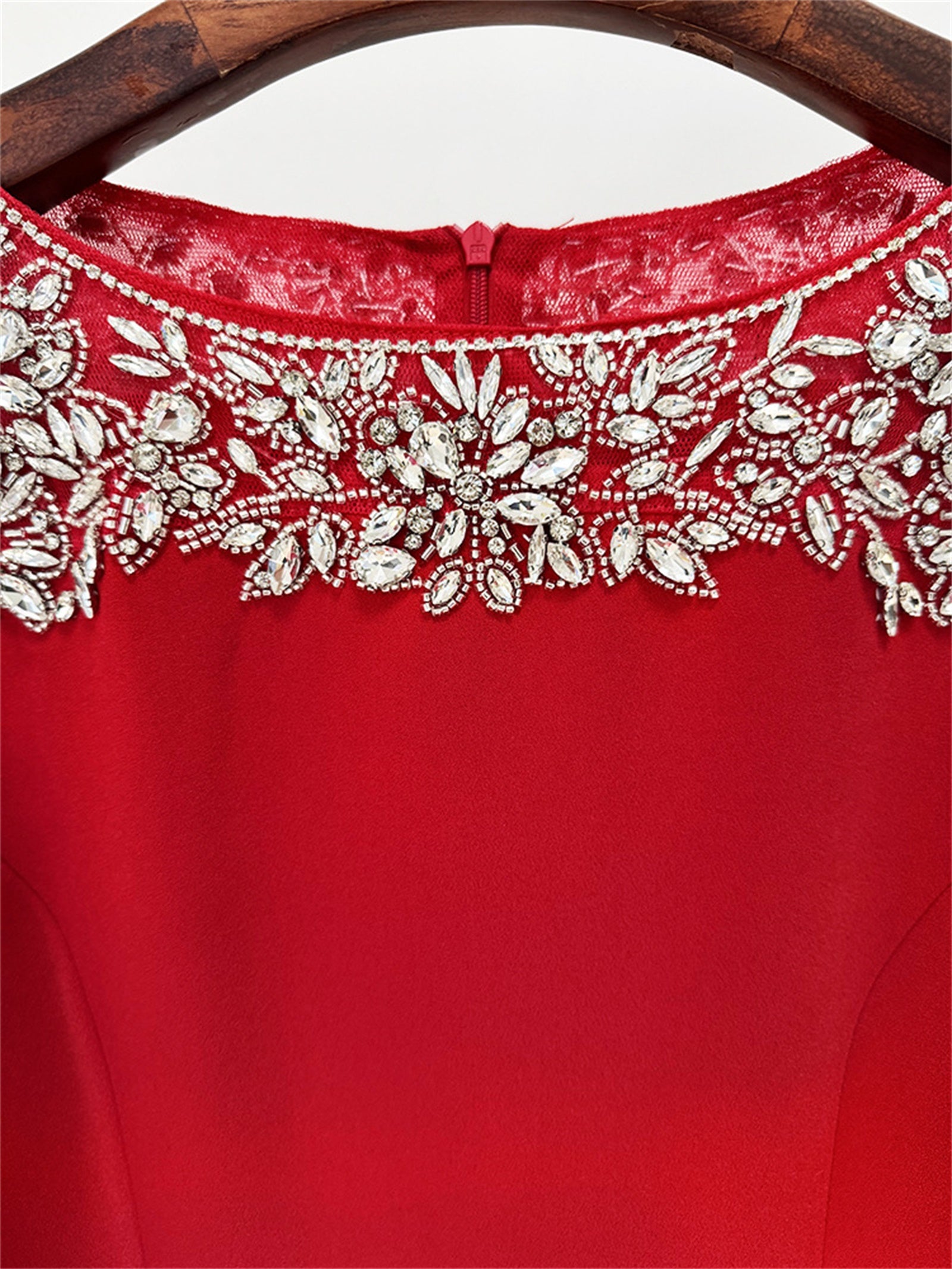 Platlogy Luxury Red Long Sleeve Midi Evening Dress Rhinestone Embellished Formal Party Wedding Guest Dress