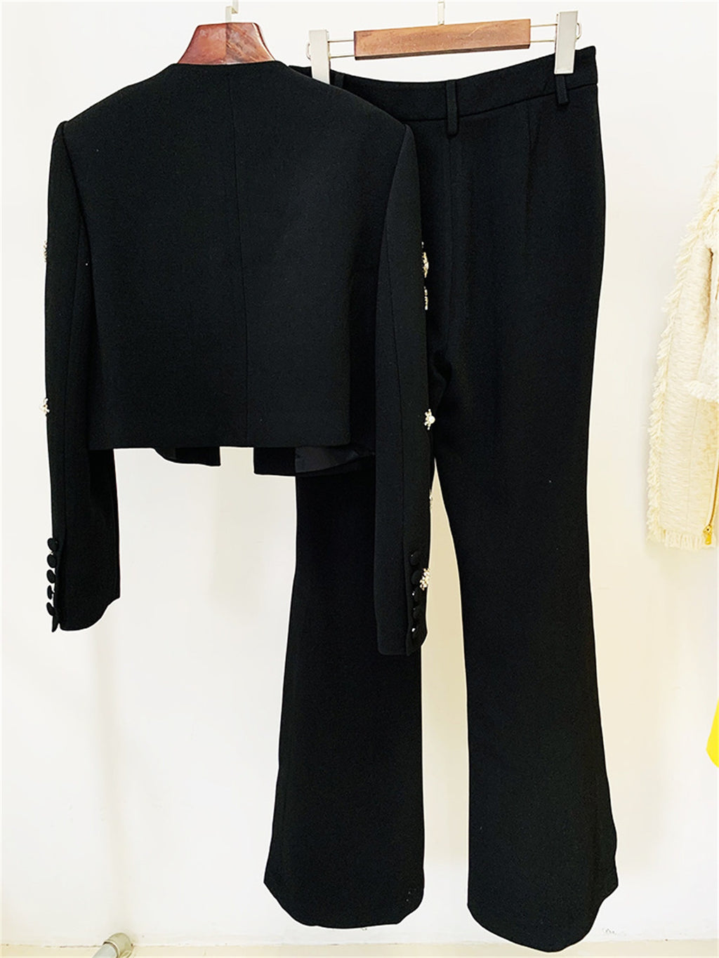 Womens Rhinestone Embellished Cropped Blazer And Flared Pants Two Piece Set