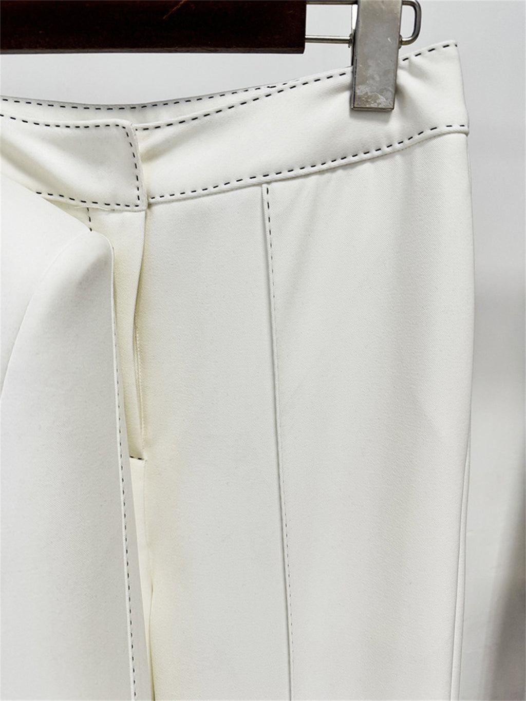 Platlogy Elegant White Belted Blazer Pants Set Stitched Detail Formal Business Two Piece Outfit For Women