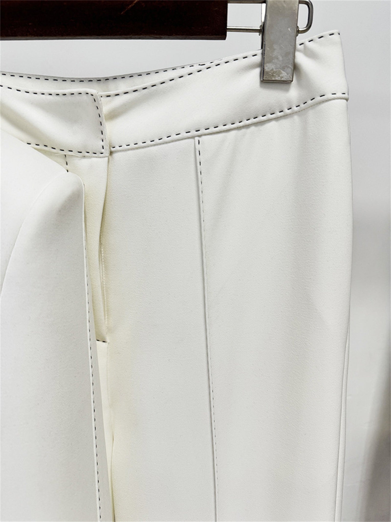 Platlogy Elegant White Belted Blazer Pants Set Stitched Detail Formal Business Two Piece Outfit For Women
