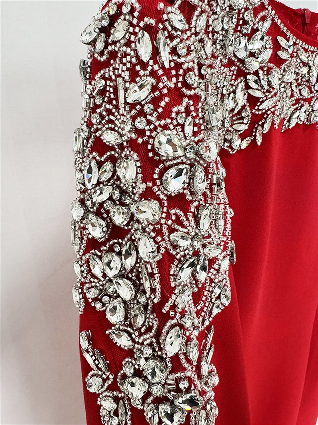 Platlogy Luxury Red Long Sleeve Midi Evening Dress Rhinestone Embellished Formal Party Wedding Guest Dress