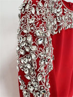 Platlogy Luxury Red Long Sleeve Midi Evening Dress Rhinestone Embellished Formal Party Wedding Guest Dress