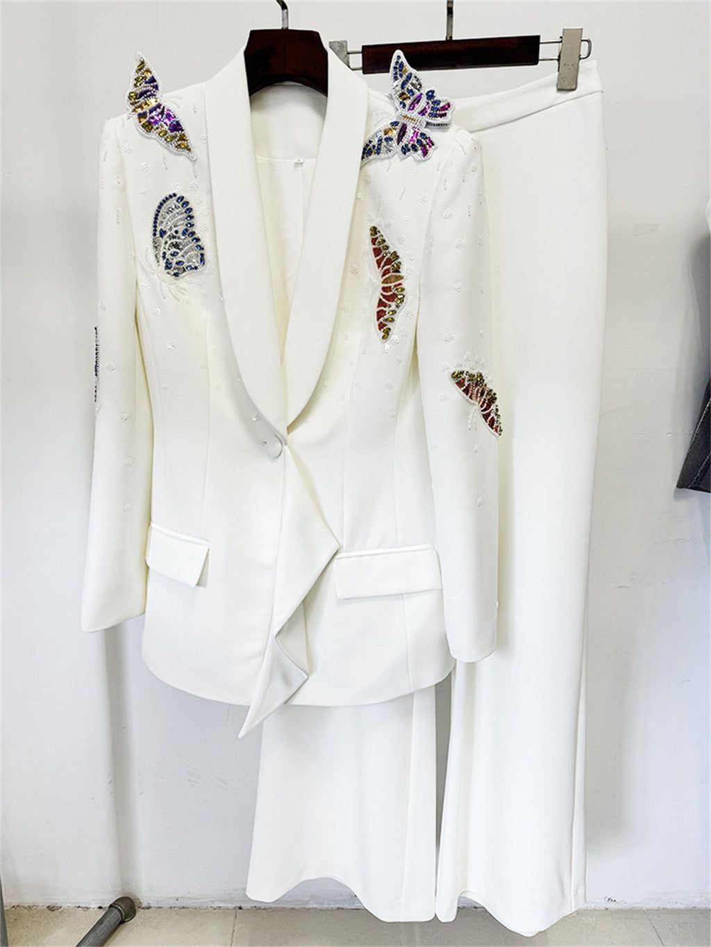 Platlogy Elegant Butterfly Sequin Rhinestone Blazer Wide Leg Pants 2 Piece Women Suit Formal Business Party Outfit