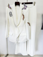 Platlogy Elegant Butterfly Sequin Rhinestone Blazer Wide Leg Pants 2 Piece Women Suit Formal Business Party Outfit