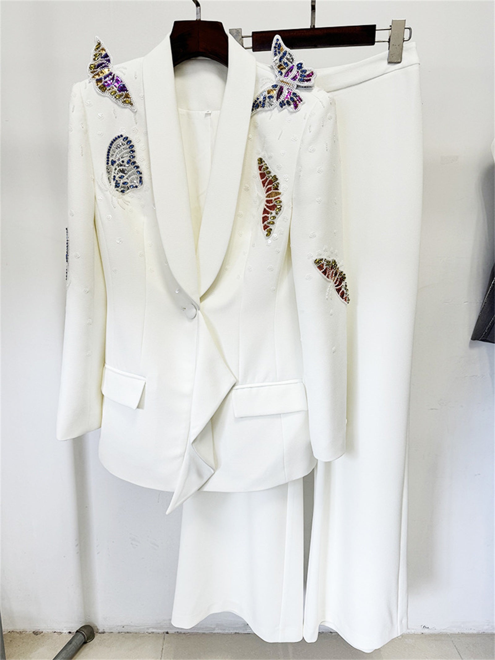 Platlogy Elegant Butterfly Sequin Rhinestone Blazer Wide Leg Pants 2 Piece Women Suit Formal Business Party Outfit