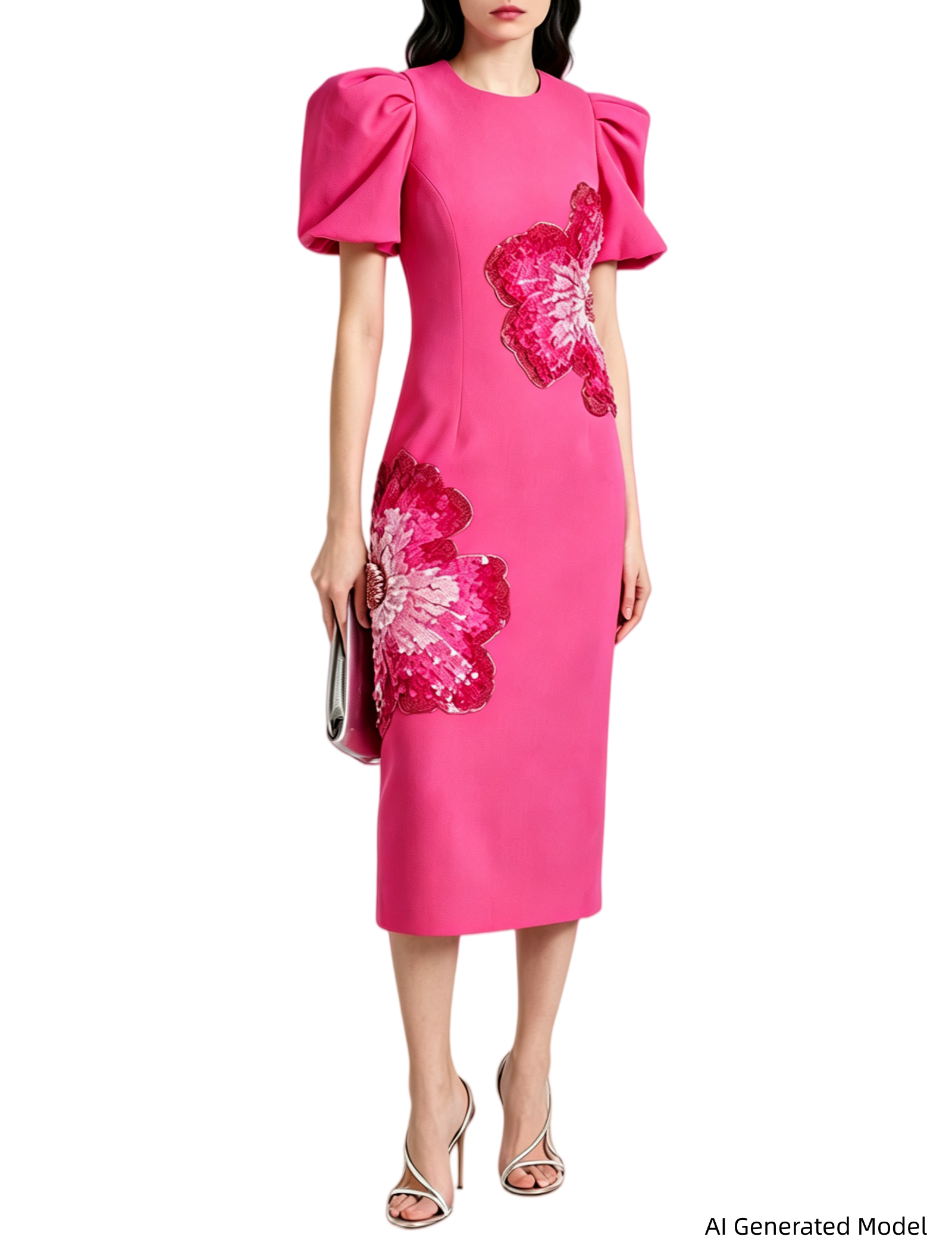 Platlogy Fuchsia Puff Sleeve Midi Dress Hand Beaded Floral Bodycon Formal Party Dress For Women Main image