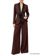 Platlogy Elegant Floral Decor Lapel Blazer Wide Leg Pant Two Piece Women Suit Set