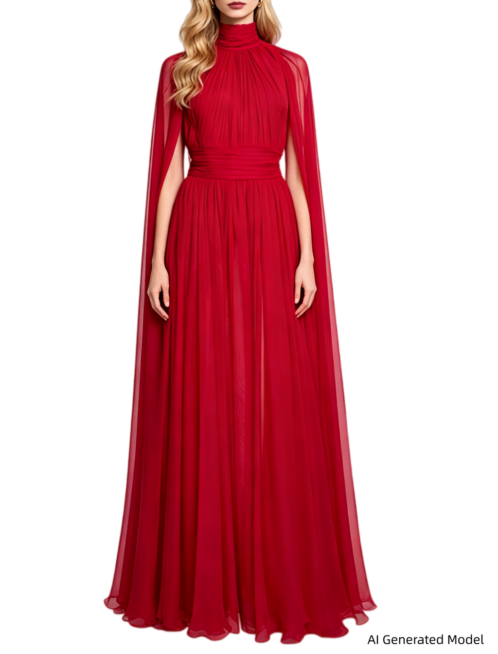 Platlogy Red High Neck Cape Sleeve Chiffon Maxi Evening Dress Elegant Formal Party Gown