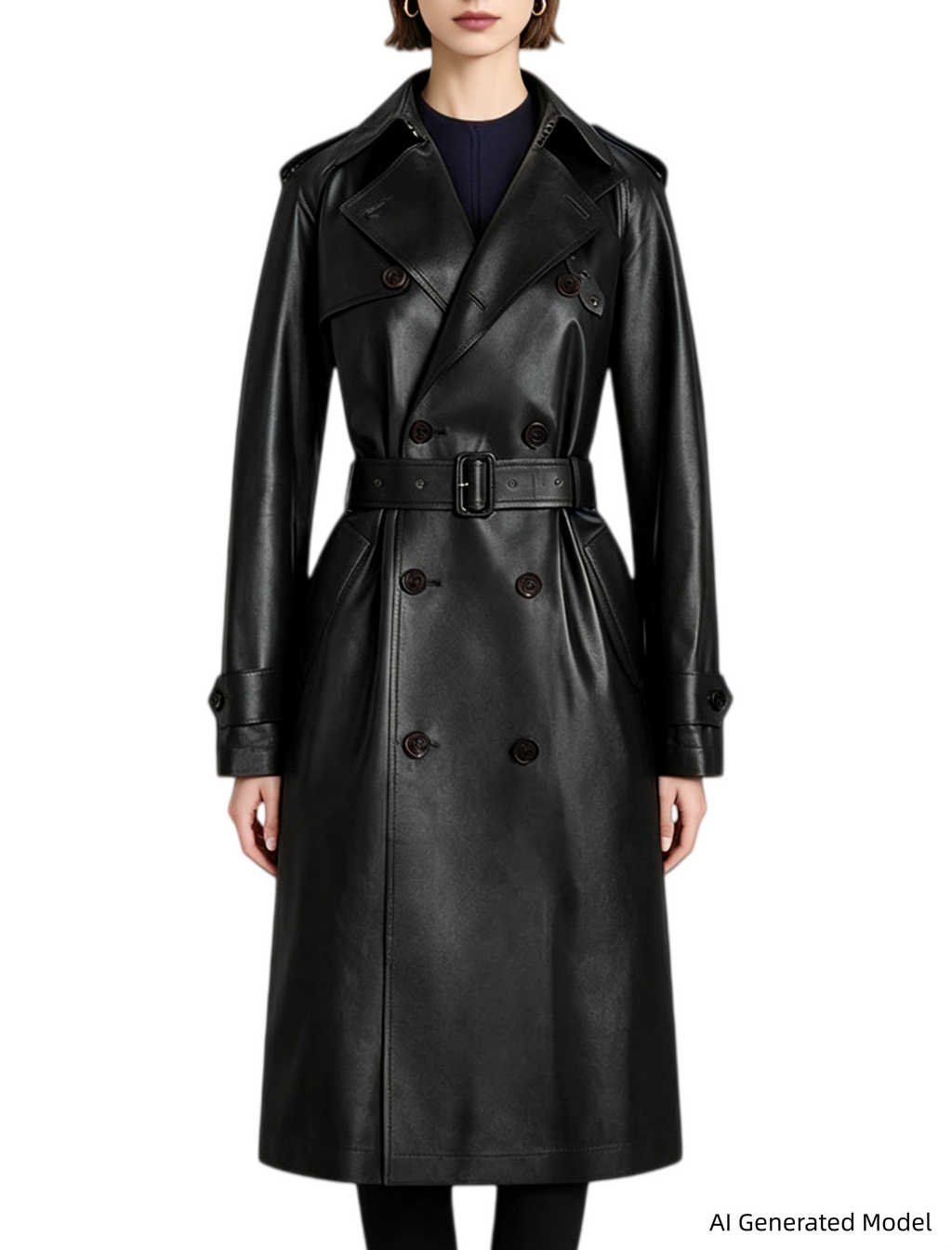 Platlogy Emerald Green Double Breasted Belted Long Leather Trench Coat For Women Elegant Fall Winter Outerwear