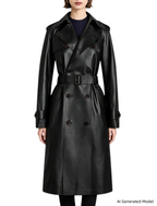 Platlogy Emerald Green Double Breasted Belted Long Leather Trench Coat For Women Elegant Fall Winter Outerwear