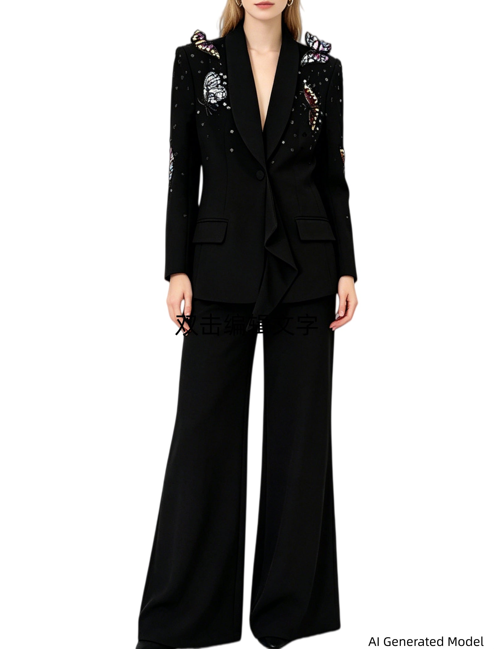 Platlogy Elegant Butterfly Sequin Rhinestone Blazer Wide Leg Pants 2 Piece Women Suit Formal Business Party Outfit Main image