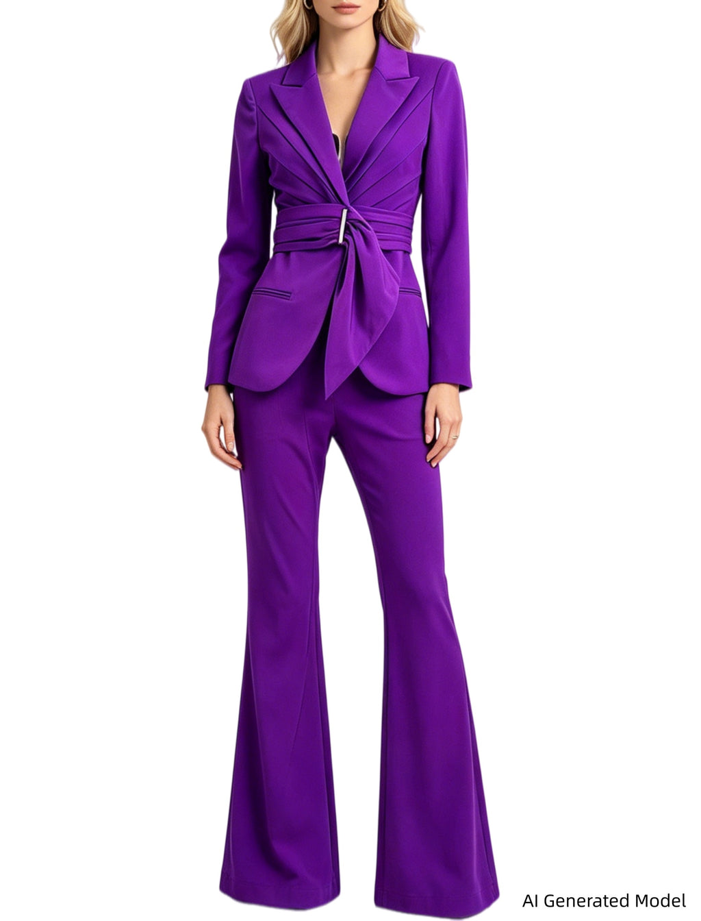 Platlogy Elegant Purple Tie Waist Women Blazer And Flared Pants Formal Suit Set For Work Party Events