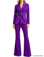 Platlogy Elegant Purple Tie Waist Women Blazer And Flared Pants Formal Suit Set For Work Party Events