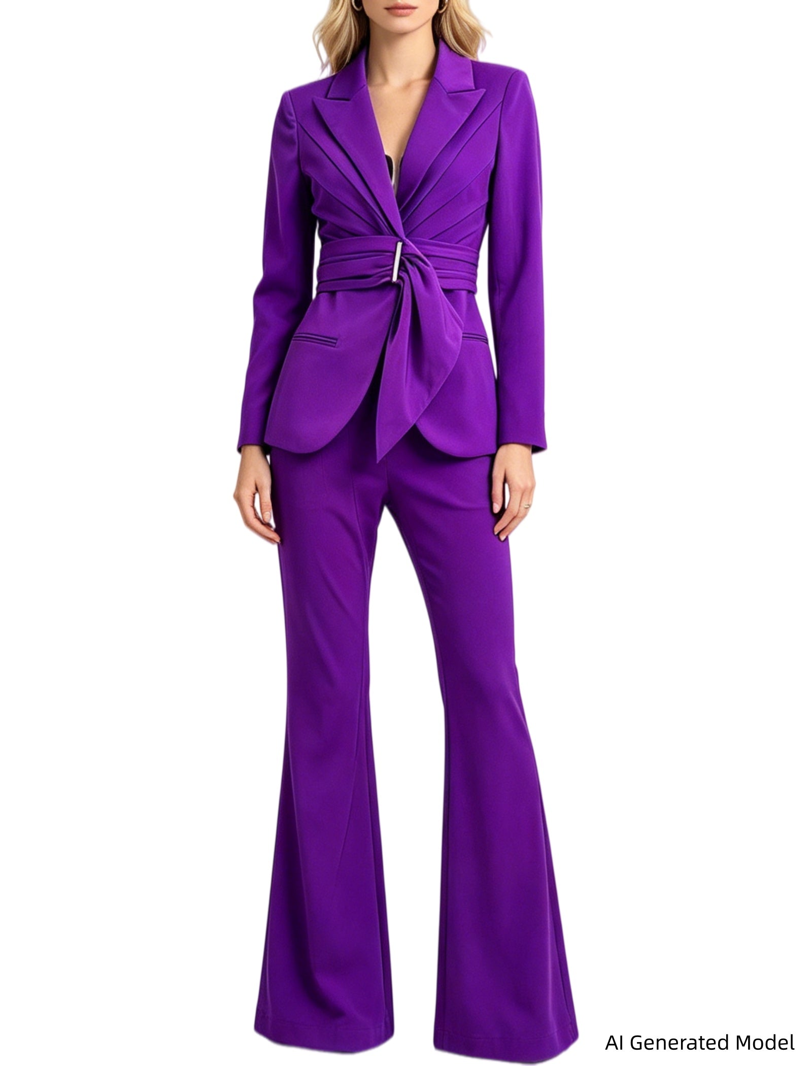 Platlogy Elegant Purple Tie Waist Women Blazer And Flared Pants Formal Suit Set For Work Party Events