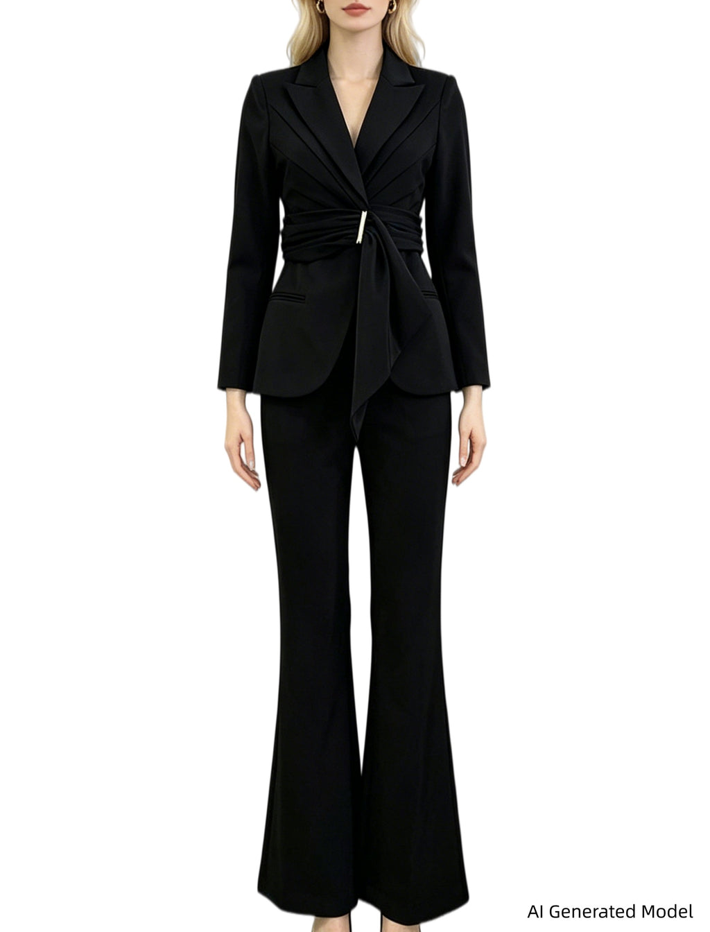 Platlogy Elegant Purple Tie Waist Women Blazer And Flared Pants Formal Suit Set For Work Party Events