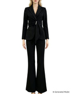 Platlogy Elegant Purple Tie Waist Women Blazer And Flared Pants Formal Suit Set For Work Party Events