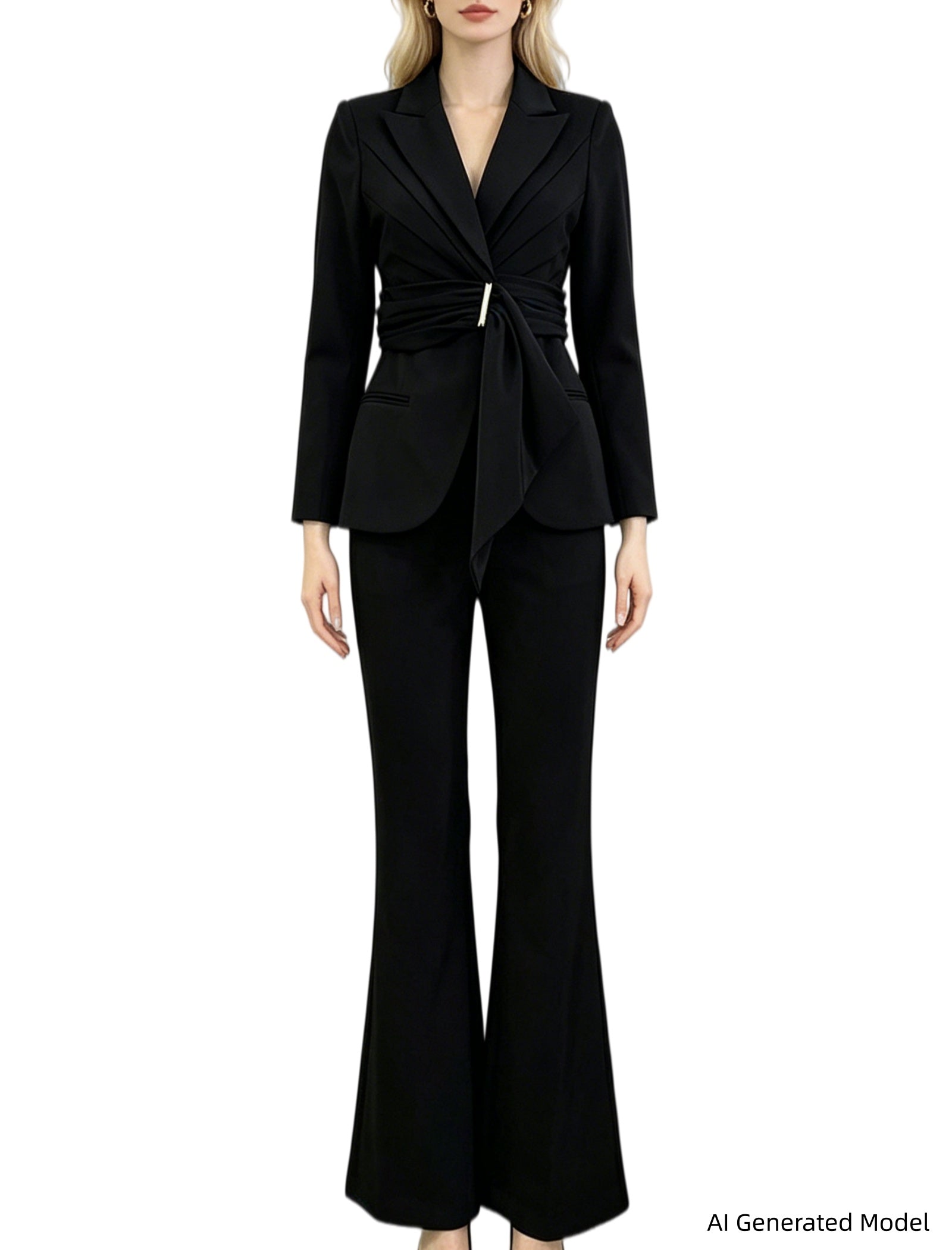 Platlogy Elegant Purple Tie Waist Women Blazer And Flared Pants Formal Suit Set For Work Party Events