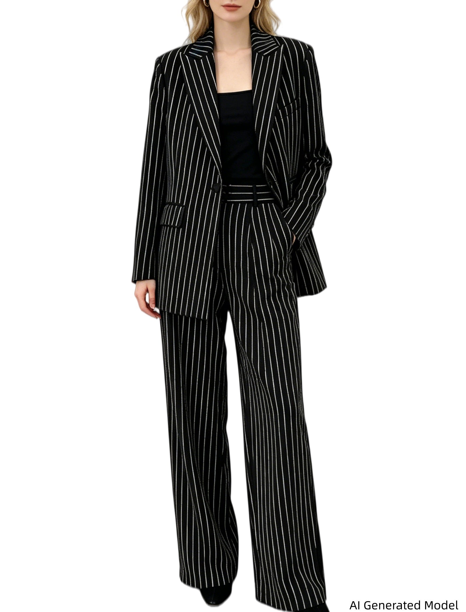 Platlogy Sparkle Vertical Stripe Women Two Piece Blazer And Trouser Suit Formal Business Office Outfit Main image